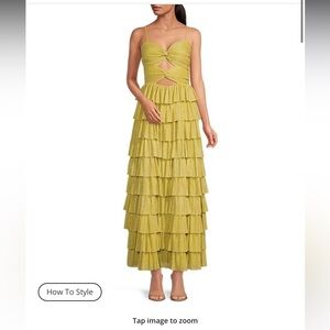 Gianni Bini Grace Metallic Plisse Sweetheart Neck Cut-Out Tiered Dress in Flaxen